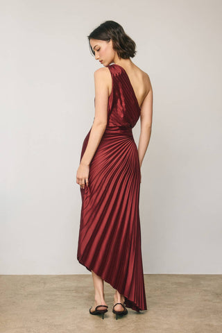 Madison Asymmetrical Pleated Dress in Merlot