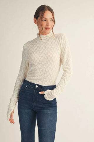 Aurelia Thumbhole Sleeves Mock Neck Lace Top