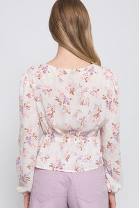 Long Sleeve Plunged V-Neck Floral Blouse