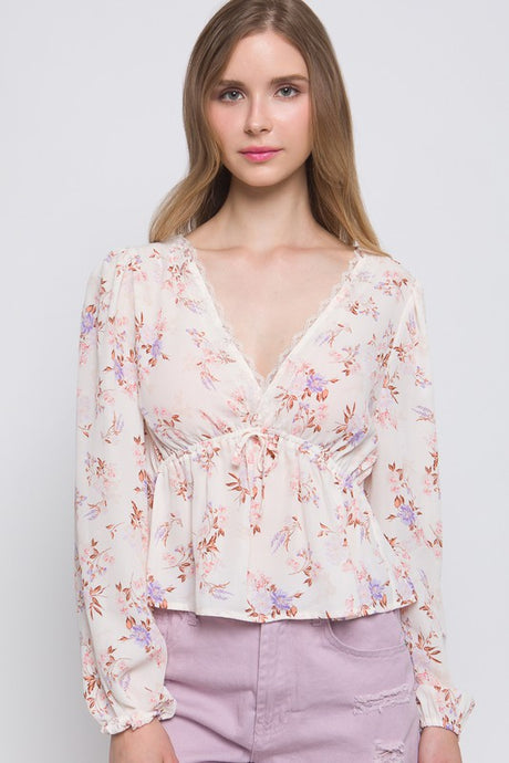 Long Sleeve Plunged V-Neck Floral Blouse