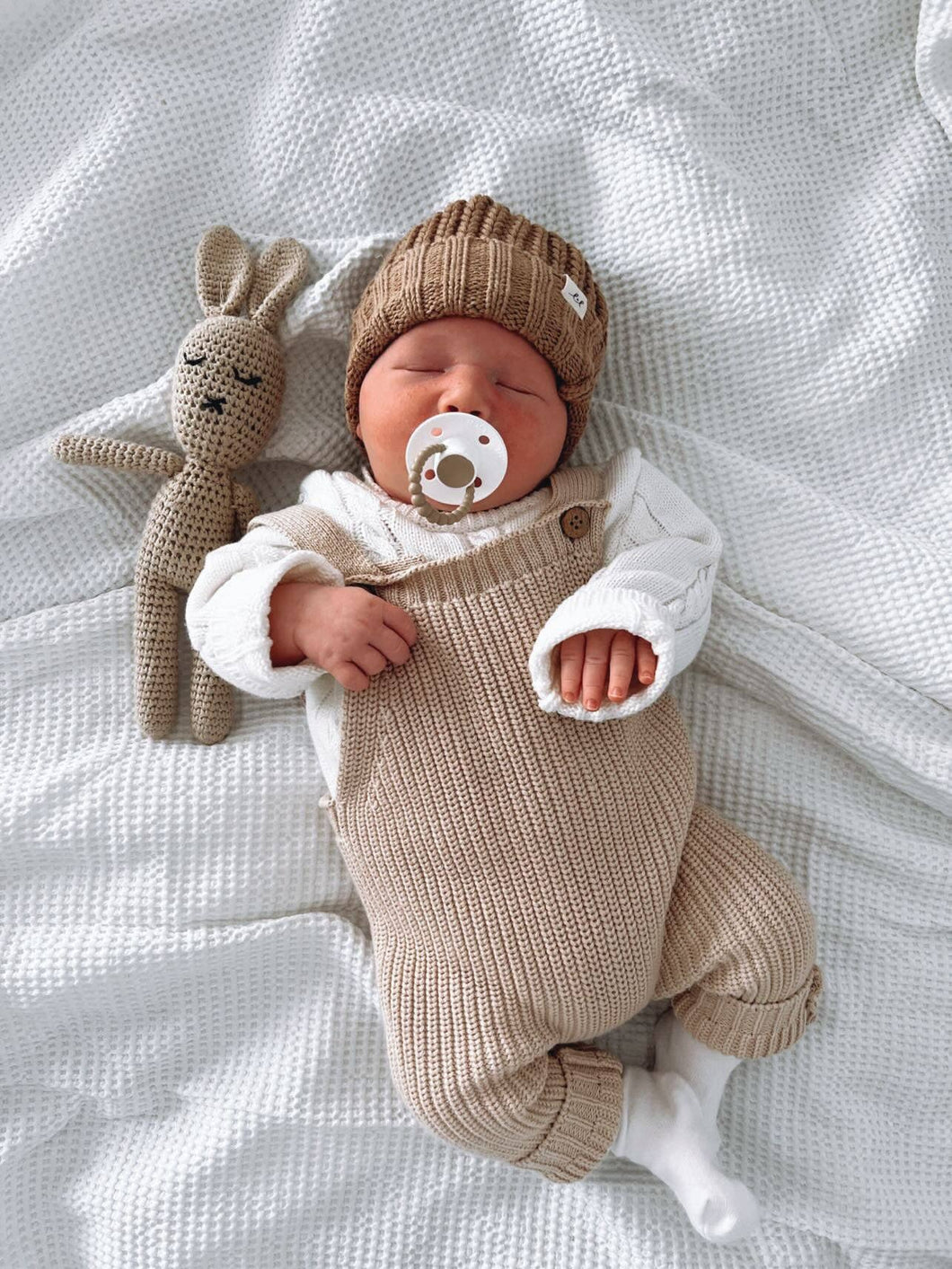 Chunky Knit Overalls in Beige 6-12M