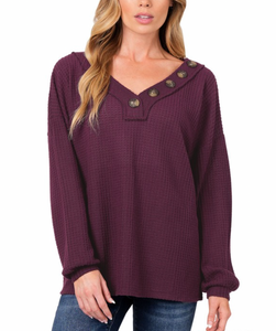 Day To Day Waffle Knit Henley in Plum