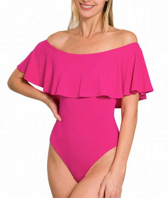 Tara Ruffle Off The Shoulder Bodysuit in Pink