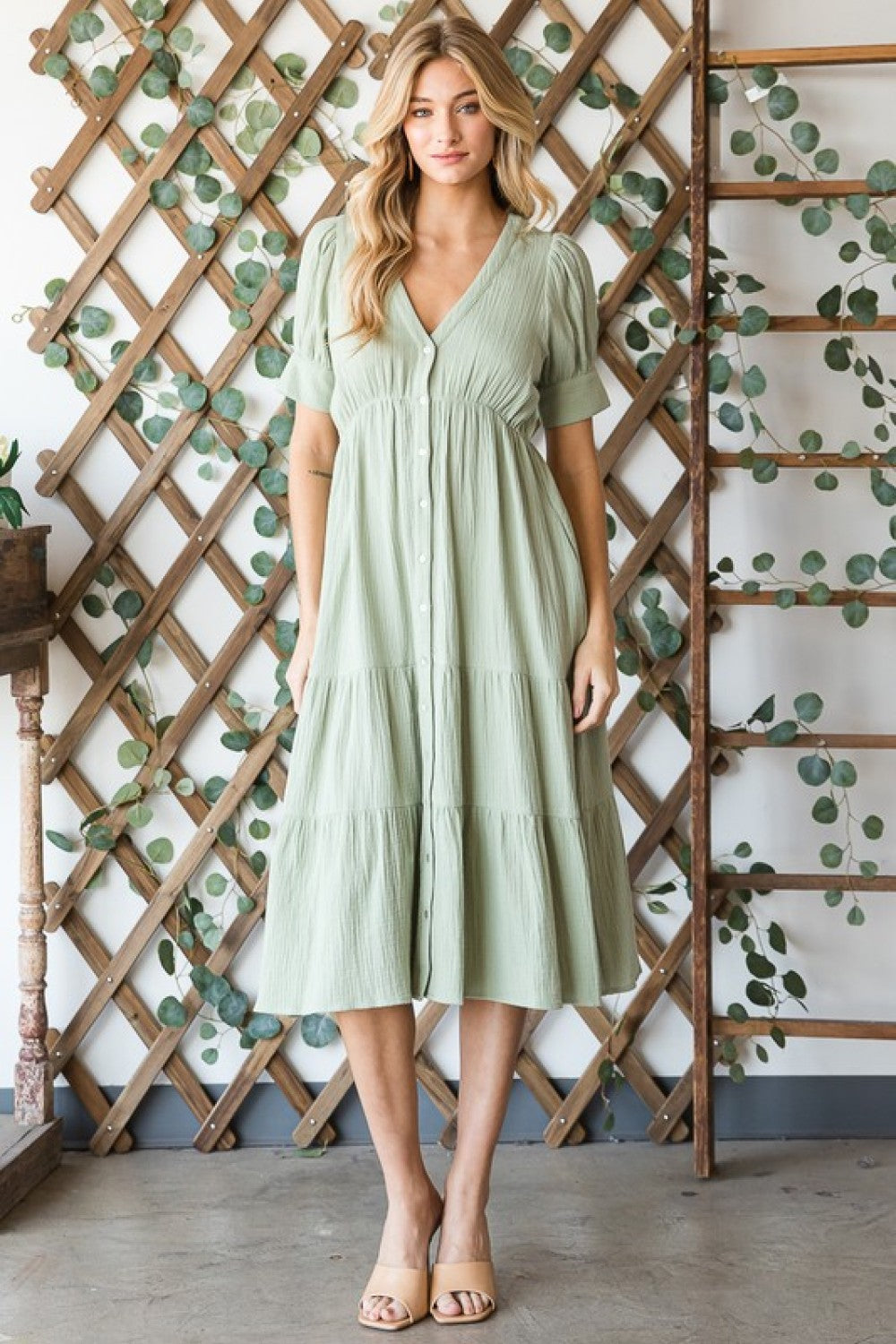 Lilac Breeze Button Front Midi Dress in Sage